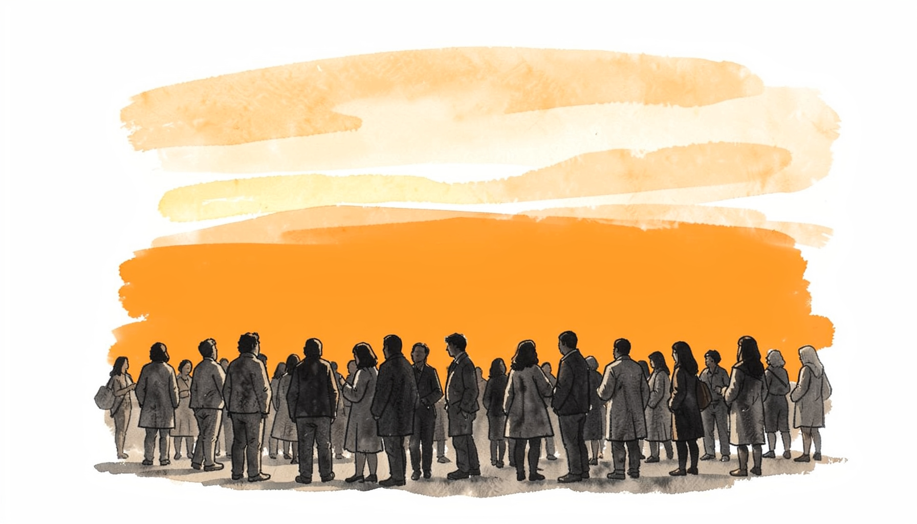 A hand-drawn ink illustration of a warm community gathering in soft amber and charcoal tones, with silhouetted figures standing together in a supportive circle.
