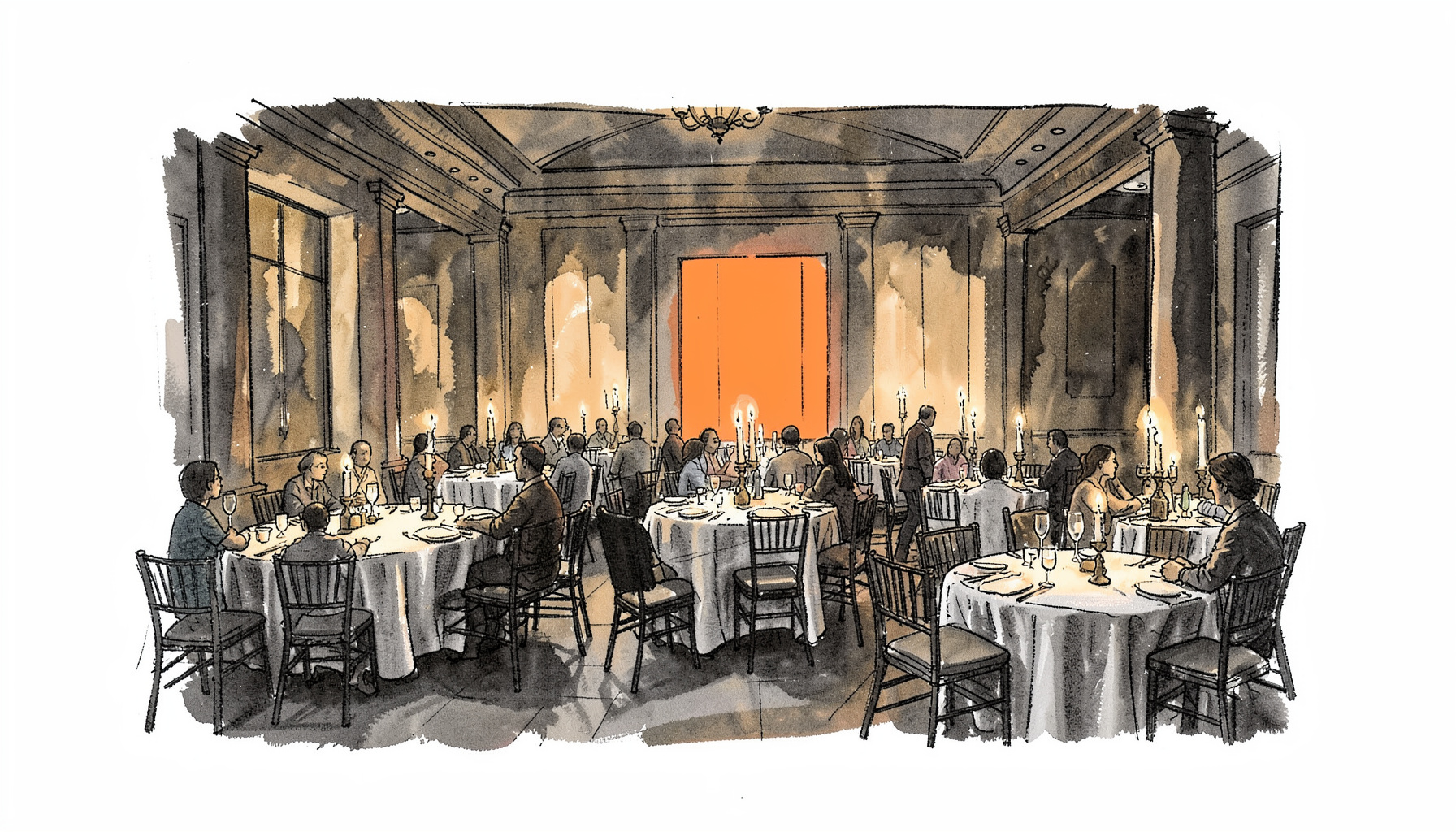 A hand-drawn ink illustration of a warmly lit banquet hall with round tables, soft candlelight, and gentle shadows