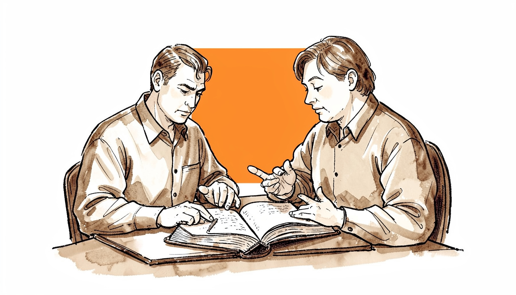 A hand-drawn ink illustration of two figures seated at a study table, one gesturing toward an open book, warm sepia wash across the scene.