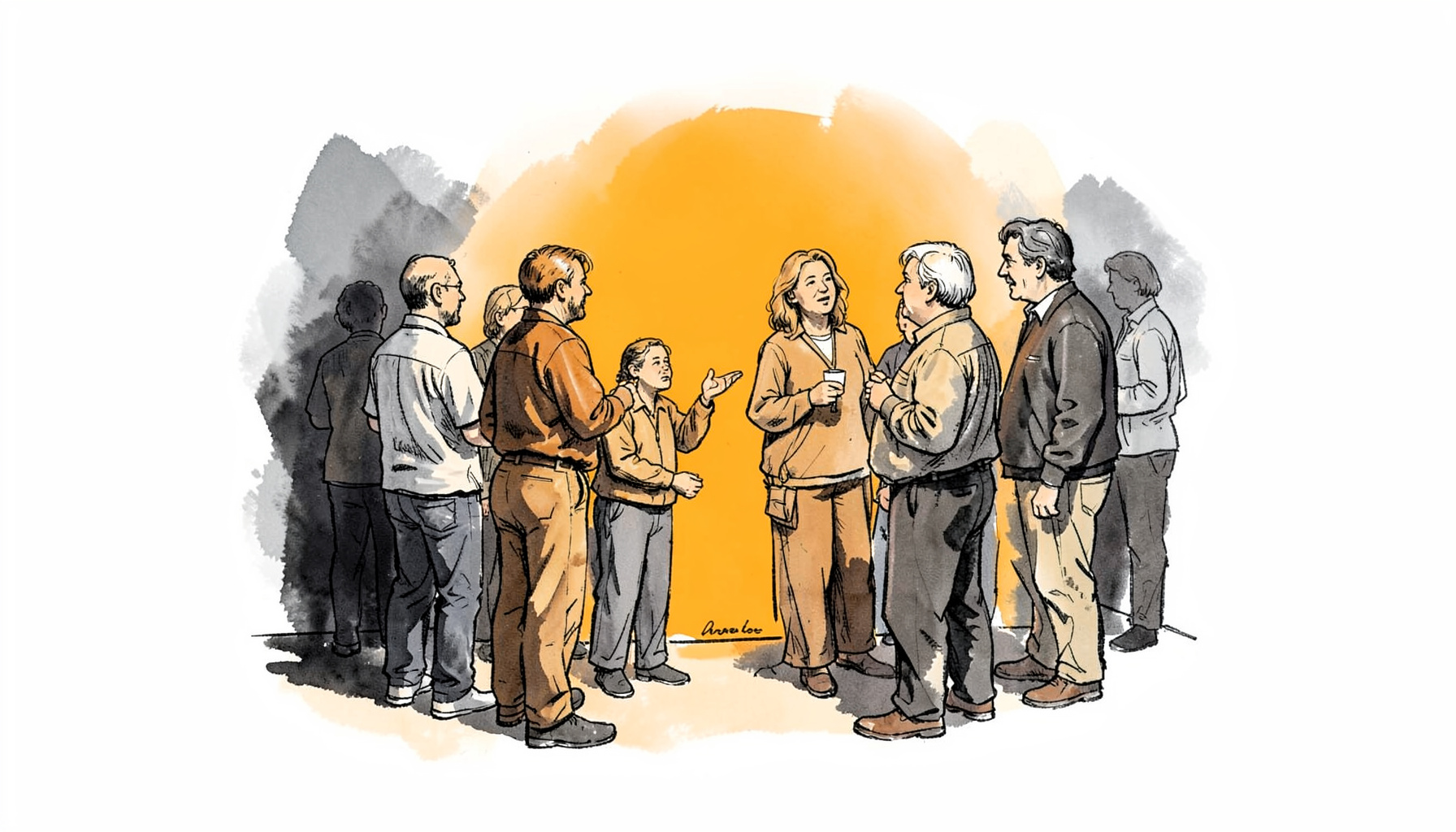 A hand-drawn ink illustration of a warm community gathering in soft amber and charcoal tones, with loose gestural lines