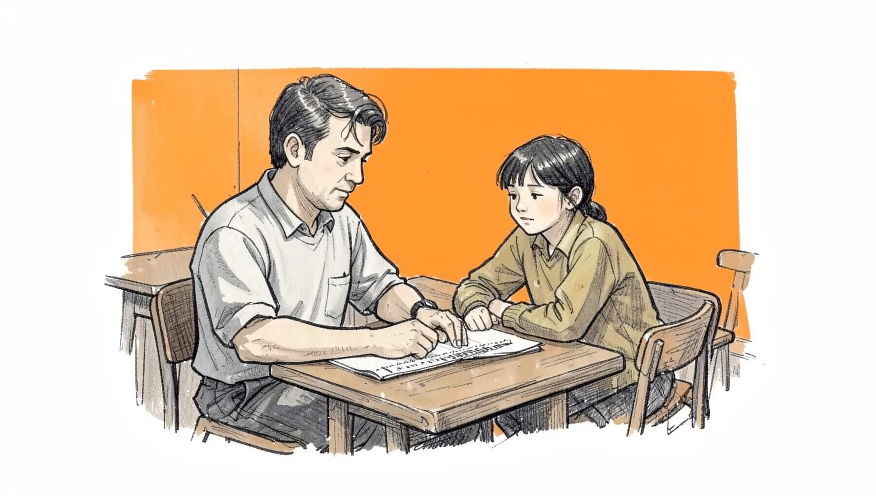 A hand-drawn ink illustration in muted charcoal and warm tan showing a classroom scene with a mentor and student at a desk