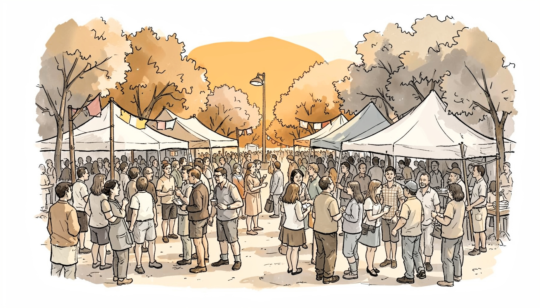 Hand-drawn ink illustration of a lively community gathering in a park, with banners and tents under warm afternoon light